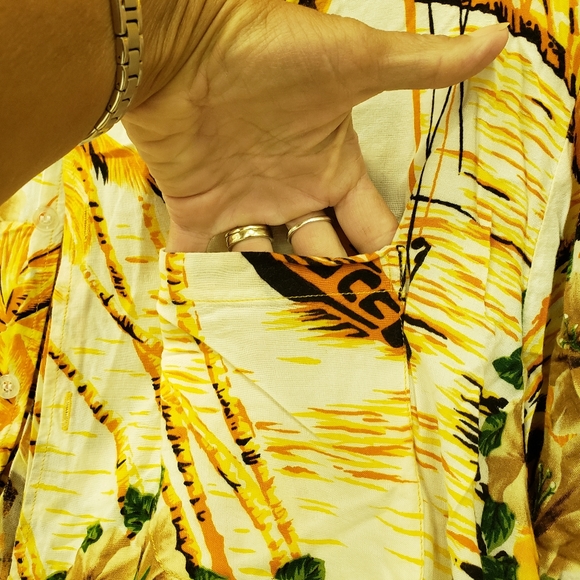 Pretty Men's tropical short sleeve button up shirt in bright yellows and black. - Picture 2 of 5